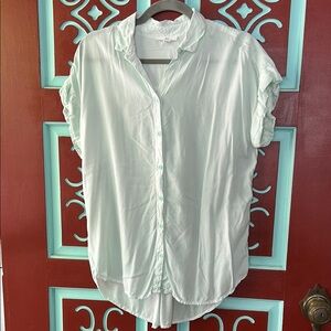 Green Short Sleeve Ruffled Button Down Shirt